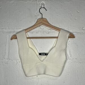 Missguided Women's Off White Cropped V-Neck Knit Tank Top Size 2/4